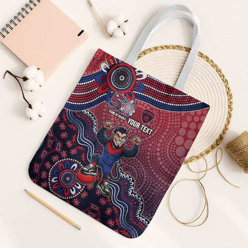 Personalized Melbourne Demons Football Mascot Tote Bag Aboriginal Dot Art Style Vibrant Indigenous Pattern Design