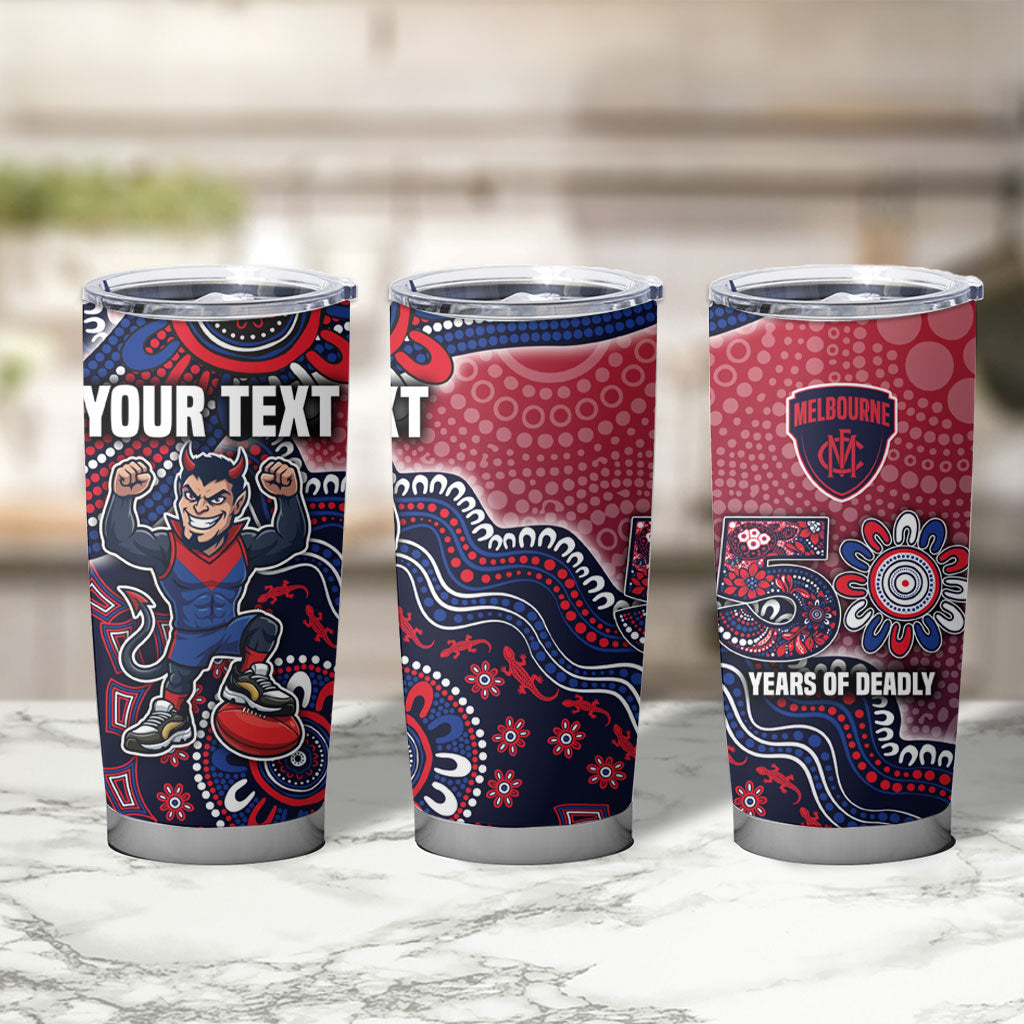 Personalized Melbourne Demons Football Mascot Tumbler Cup Aboriginal Dot Art Style Vibrant Indigenous Pattern Design