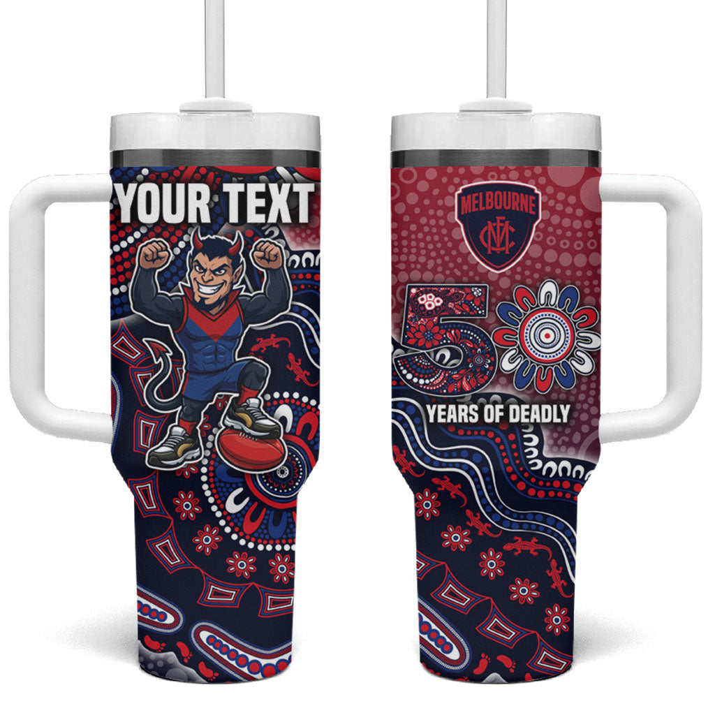 Personalized Melbourne Demons Football Mascot Tumbler With Handle Aboriginal Dot Art Style Vibrant Indigenous Pattern Design