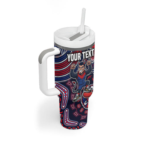 Personalized Melbourne Demons Football Mascot Tumbler With Handle Aboriginal Dot Art Style Vibrant Indigenous Pattern Design