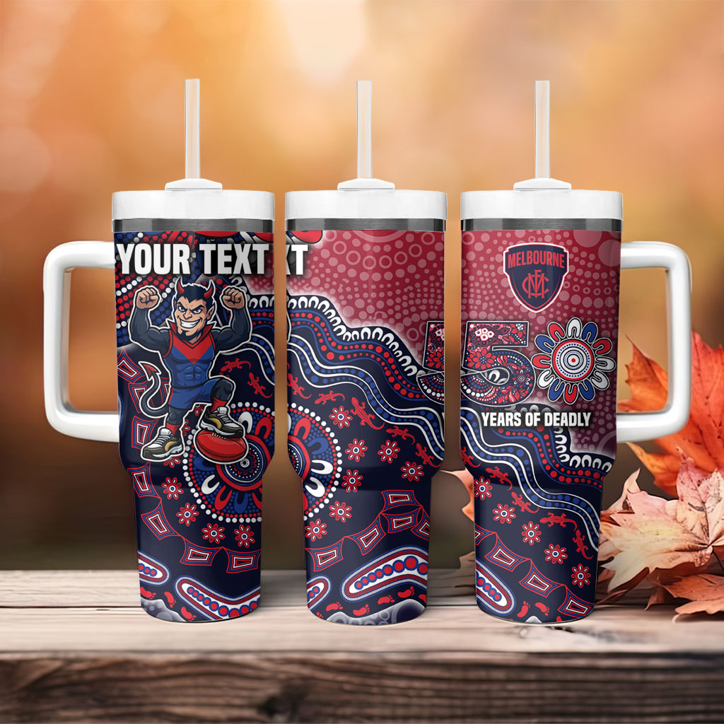 Personalized Melbourne Demons Football Mascot Tumbler With Handle Aboriginal Dot Art Style Vibrant Indigenous Pattern Design