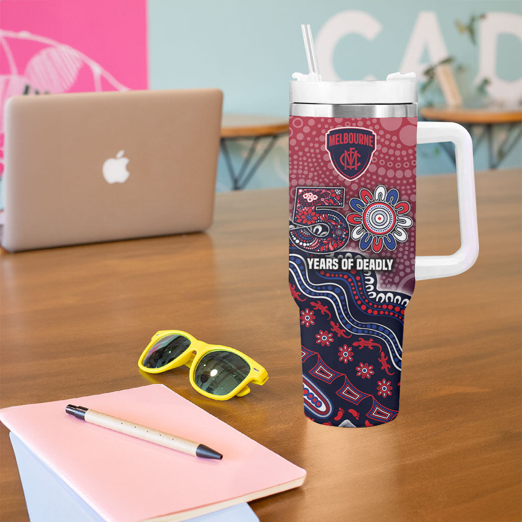 Personalized Melbourne Demons Football Mascot Tumbler With Handle Aboriginal Dot Art Style Vibrant Indigenous Pattern Design