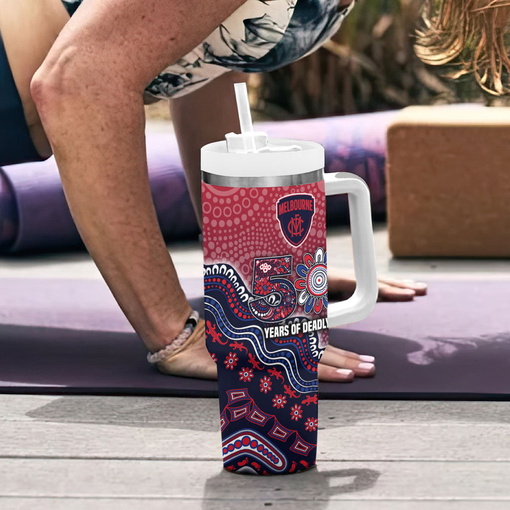 Personalized Melbourne Demons Football Mascot Tumbler With Handle Aboriginal Dot Art Style Vibrant Indigenous Pattern Design