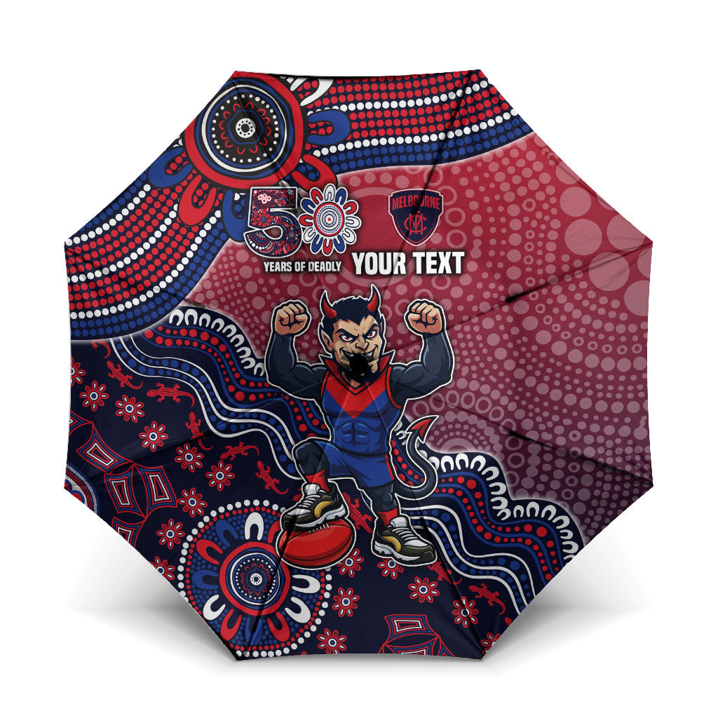 Personalized Melbourne Demons Football Mascot Umbrella Aboriginal Dot Art Style Vibrant Indigenous Pattern Design