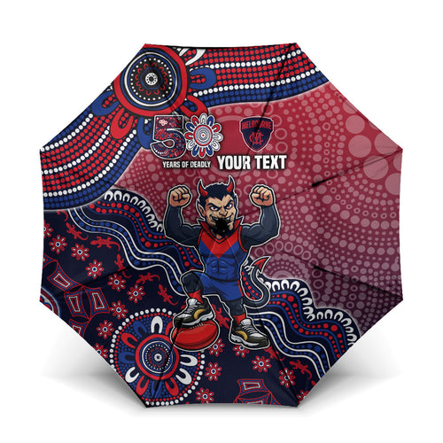 Personalized Melbourne Demons Football Mascot Umbrella Aboriginal Dot Art Style Vibrant Indigenous Pattern Design
