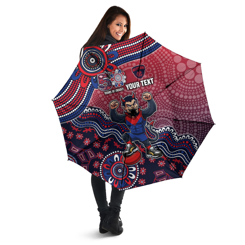 Personalized Melbourne Demons Football Mascot Umbrella Aboriginal Dot Art Style Vibrant Indigenous Pattern Design