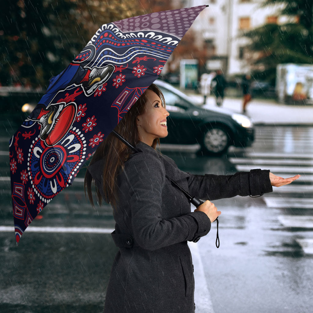 Personalized Melbourne Demons Football Mascot Umbrella Aboriginal Dot Art Style Vibrant Indigenous Pattern Design