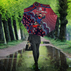 Personalized Melbourne Demons Football Mascot Umbrella Aboriginal Dot Art Style Vibrant Indigenous Pattern Design