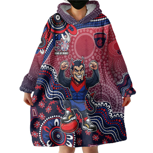 Personalized Melbourne Demons Football Mascot Wearable Blanket Hoodie Aboriginal Dot Art Style Vibrant Indigenous Pattern Design