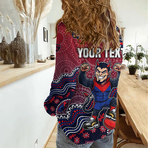 Personalized Melbourne Demons Football Mascot Women Casual Shirt Aboriginal Dot Art Style Vibrant Indigenous Pattern Design