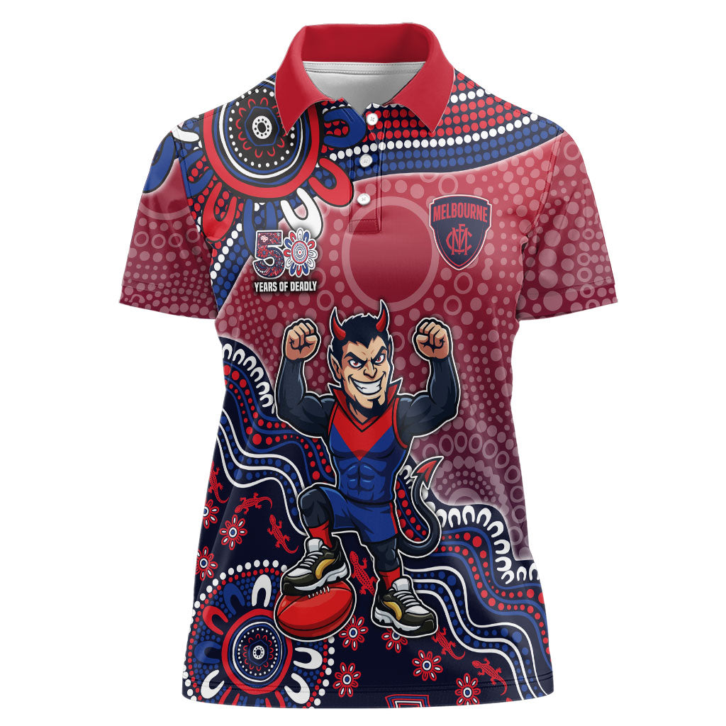Personalized Melbourne Demons Football Mascot Women Polo Shirt Aboriginal Dot Art Style Vibrant Indigenous Pattern Design