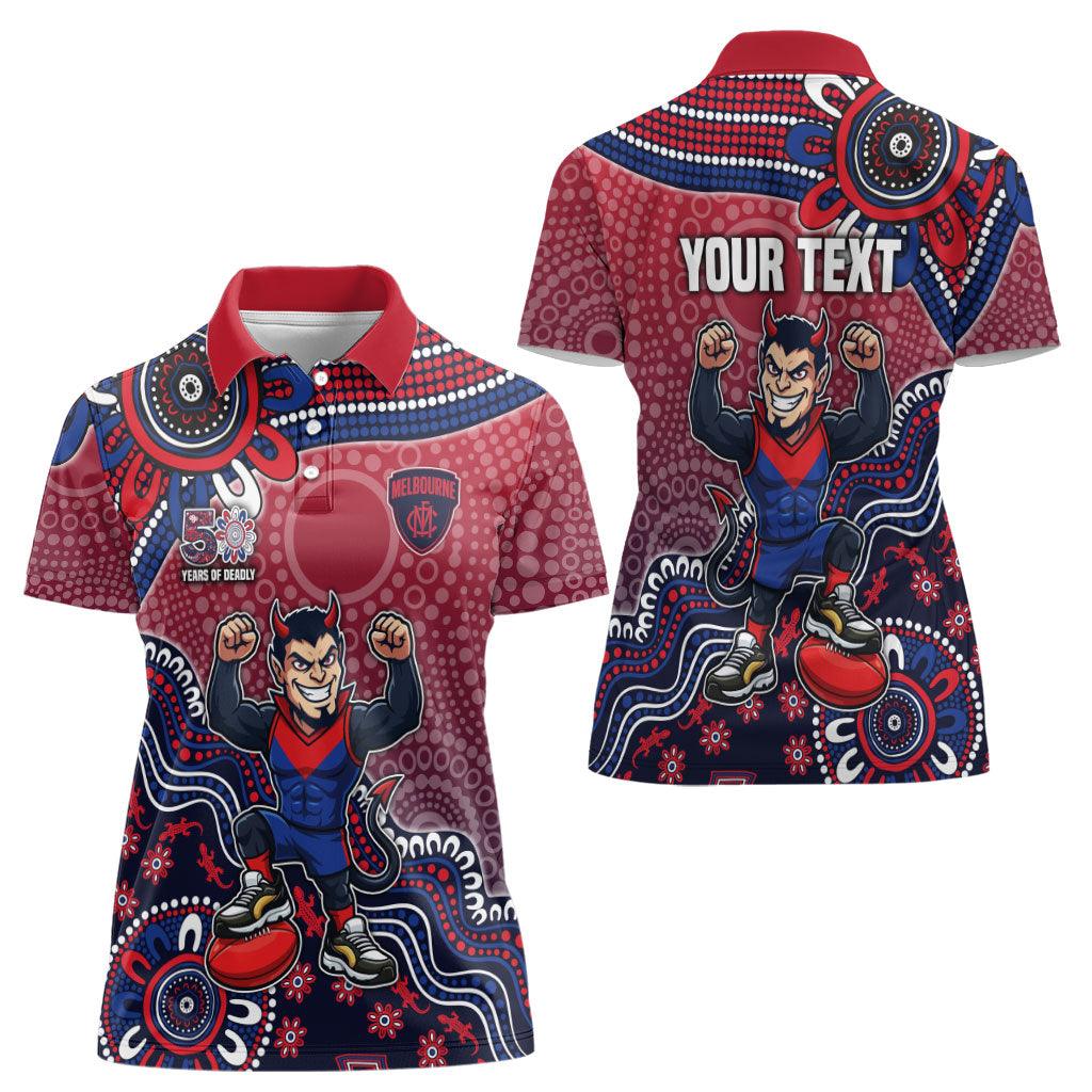 Personalized Melbourne Demons Football Mascot Women Polo Shirt Aboriginal Dot Art Style Vibrant Indigenous Pattern Design