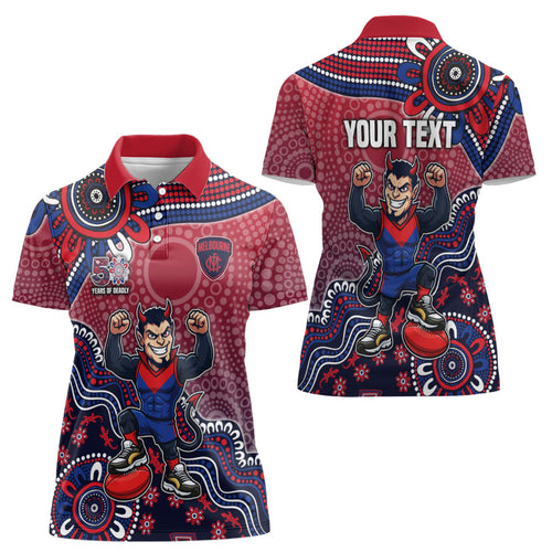 Personalized Melbourne Demons Football Mascot Women Polo Shirt Aboriginal Dot Art Style Vibrant Indigenous Pattern Design