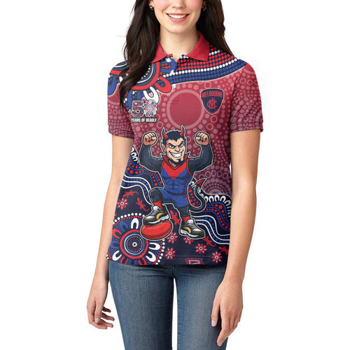 Personalized Melbourne Demons Football Mascot Women Polo Shirt Aboriginal Dot Art Style Vibrant Indigenous Pattern Design
