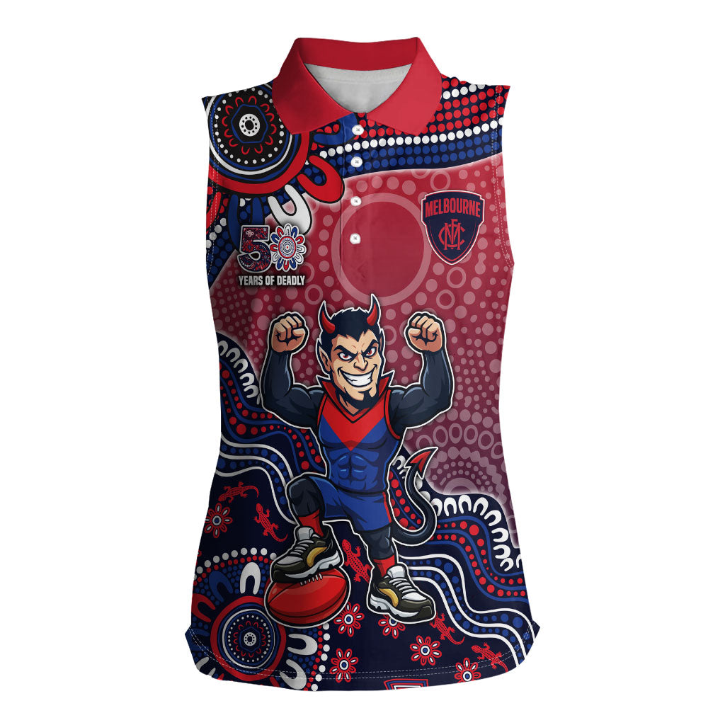Personalized Melbourne Demons Football Mascot Women Sleeveless Polo Shirt Aboriginal Dot Art Style Vibrant Indigenous Pattern Design