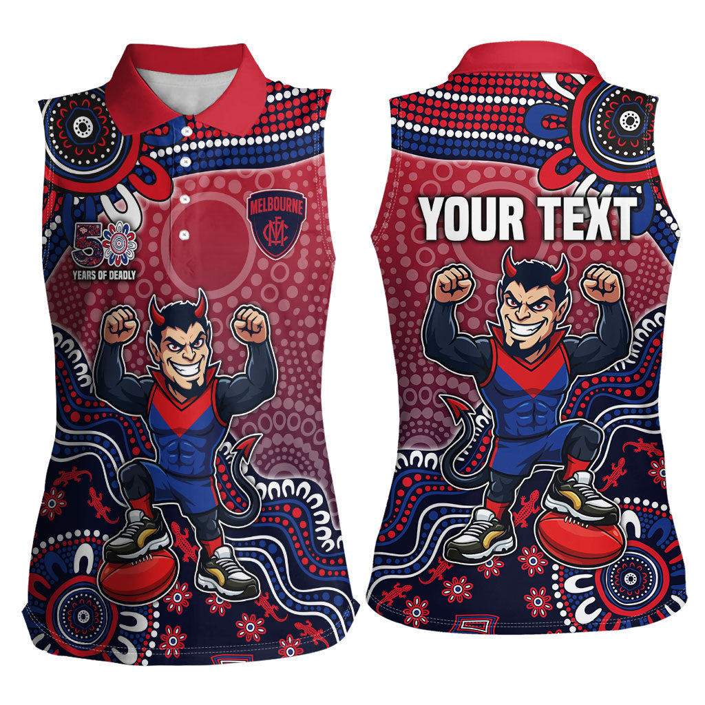 Personalized Melbourne Demons Football Mascot Women Sleeveless Polo Shirt Aboriginal Dot Art Style Vibrant Indigenous Pattern Design