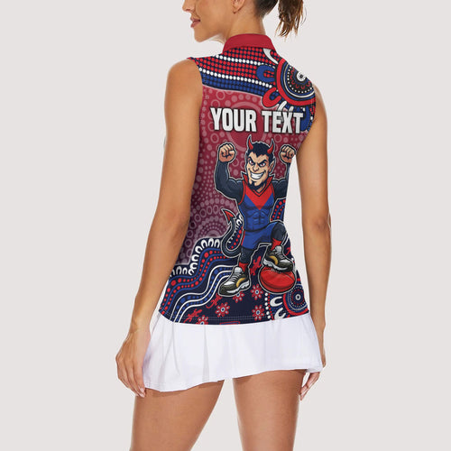 Personalized Melbourne Demons Football Mascot Women Sleeveless Polo Shirt Aboriginal Dot Art Style Vibrant Indigenous Pattern Design