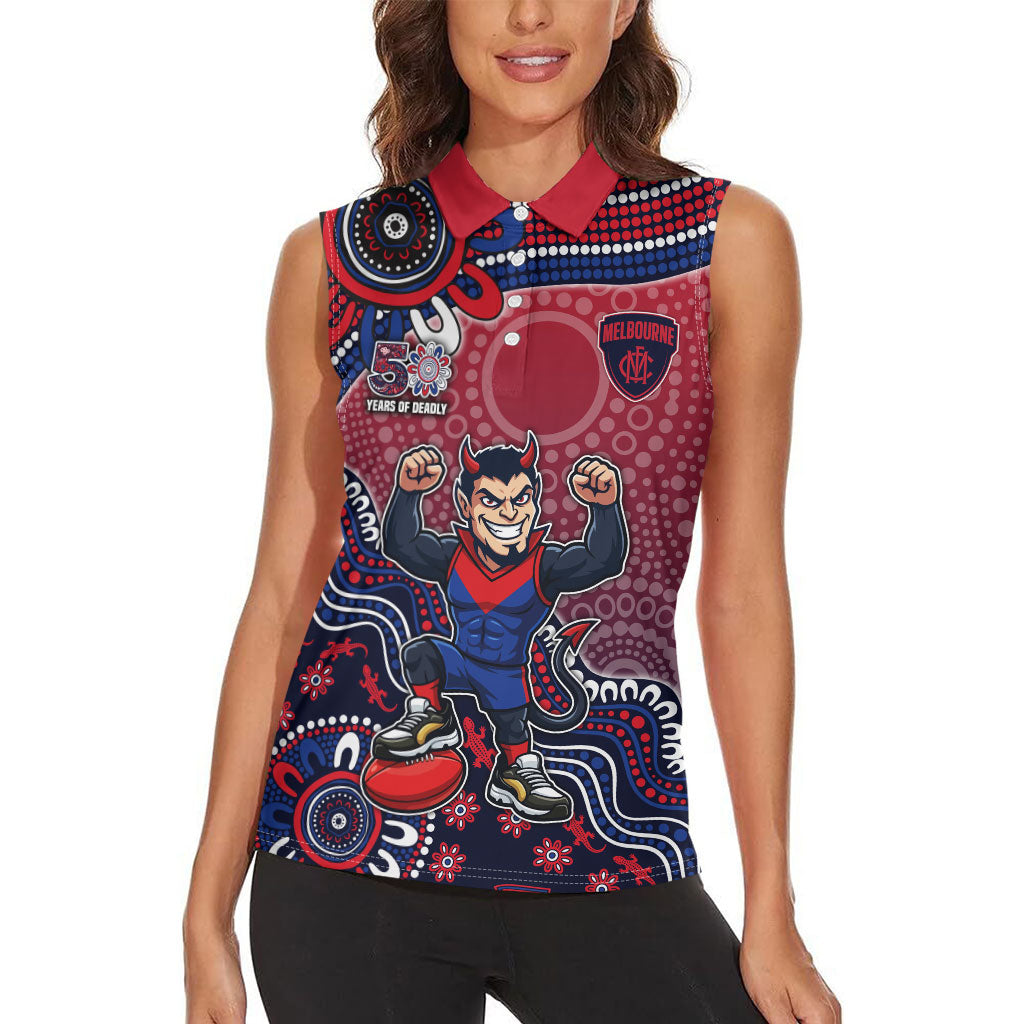 Personalized Melbourne Demons Football Mascot Women Sleeveless Polo Shirt Aboriginal Dot Art Style Vibrant Indigenous Pattern Design