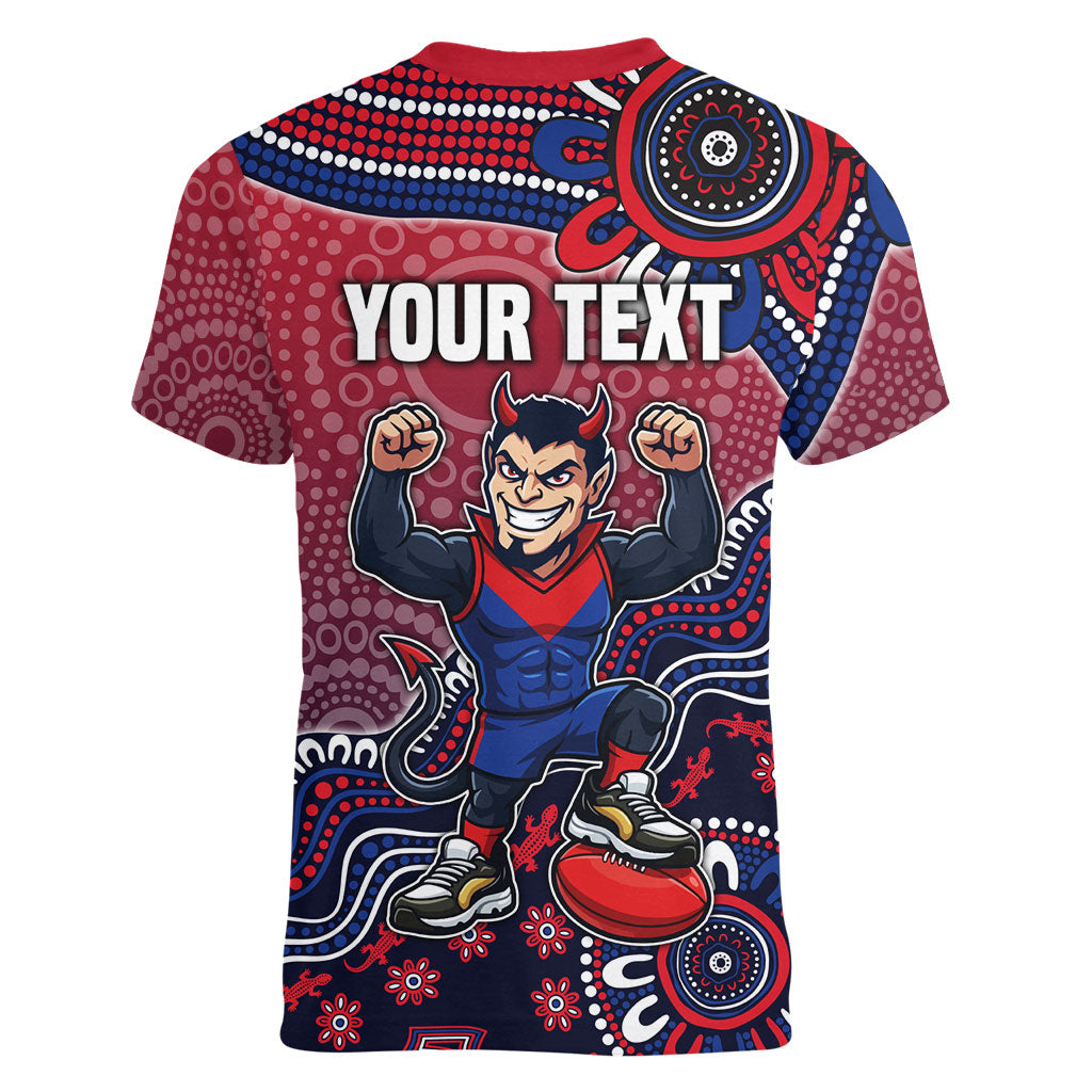 Personalized Melbourne Demons Football Mascot Women V-Neck T-Shirt Aboriginal Dot Art Style Vibrant Indigenous Pattern Design
