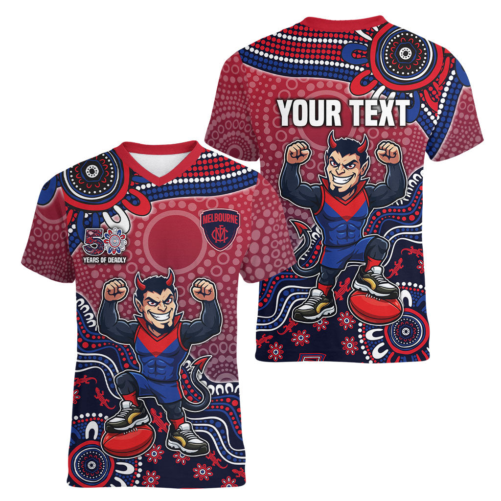 Personalized Melbourne Demons Football Mascot Women V-Neck T-Shirt Aboriginal Dot Art Style Vibrant Indigenous Pattern Design