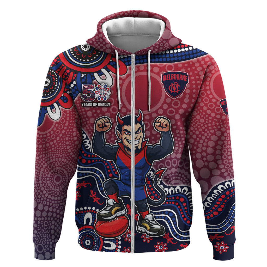 Personalized Melbourne Demons Football Mascot Zip Hoodie Aboriginal Dot Art Style Vibrant Indigenous Pattern Design