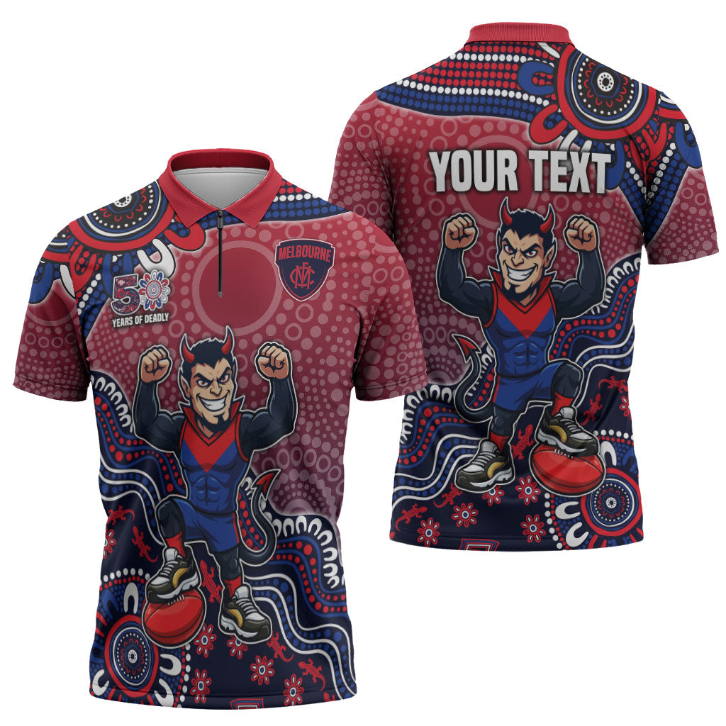 Personalized Melbourne Demons Football Mascot Zipper Polo Shirt Aboriginal Dot Art Style Vibrant Indigenous Pattern Design