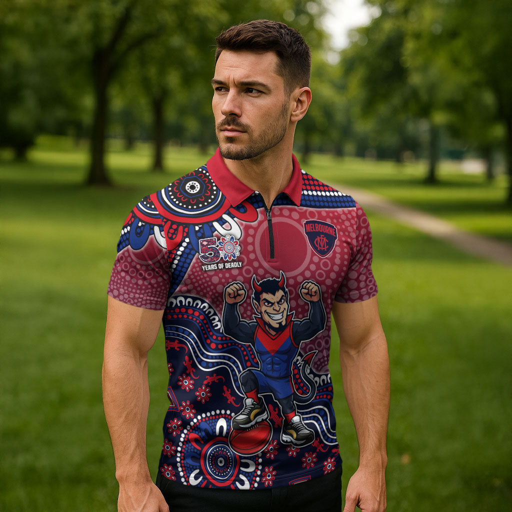 Personalized Melbourne Demons Football Mascot Zipper Polo Shirt Aboriginal Dot Art Style Vibrant Indigenous Pattern Design