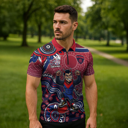 Personalized Melbourne Demons Football Mascot Zipper Polo Shirt Aboriginal Dot Art Style Vibrant Indigenous Pattern Design