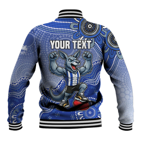 Personalized Kangaroos Football Mascot Baseball Jacket Aboriginal Dot Art Style Vibrant Indigenous Pattern Design
