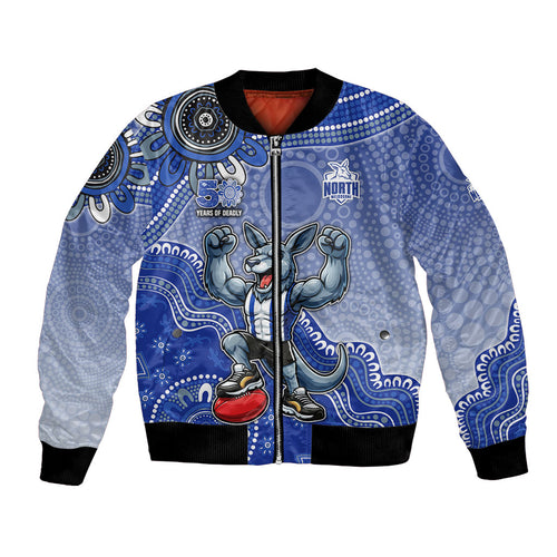 Personalized Kangaroos Football Mascot Bomber Jacket Aboriginal Dot Art Style Vibrant Indigenous Pattern Design