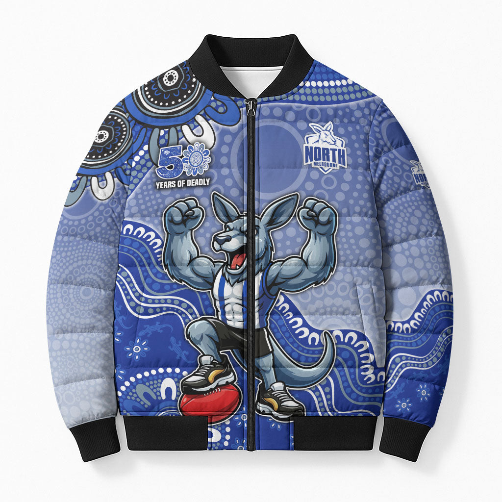 Personalized Kangaroos Football Mascot Bomber Puffer Jacket Aboriginal Dot Art Style Vibrant Indigenous Pattern Design