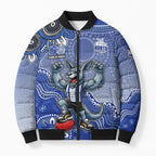 Personalized Kangaroos Football Mascot Bomber Puffer Jacket Aboriginal Dot Art Style Vibrant Indigenous Pattern Design