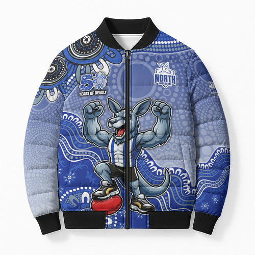 Personalized Kangaroos Football Mascot Bomber Puffer Jacket Aboriginal Dot Art Style Vibrant Indigenous Pattern Design