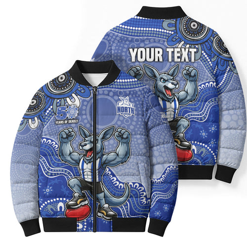Personalized Kangaroos Football Mascot Bomber Puffer Jacket Aboriginal Dot Art Style Vibrant Indigenous Pattern Design