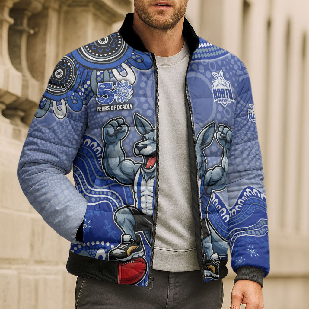 Personalized Kangaroos Football Mascot Bomber Puffer Jacket Aboriginal Dot Art Style Vibrant Indigenous Pattern Design