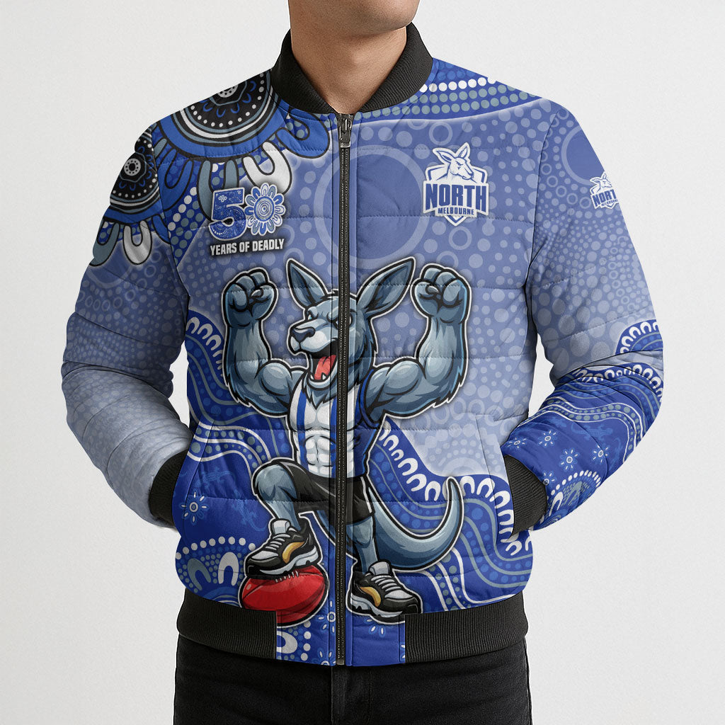 Personalized Kangaroos Football Mascot Bomber Puffer Jacket Aboriginal Dot Art Style Vibrant Indigenous Pattern Design