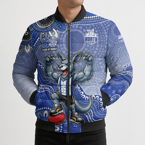 Personalized Kangaroos Football Mascot Bomber Puffer Jacket Aboriginal Dot Art Style Vibrant Indigenous Pattern Design