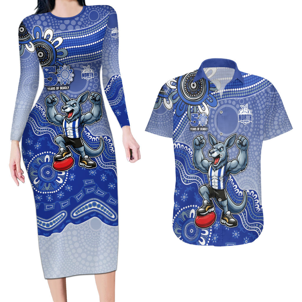 Personalized Kangaroos Football Mascot Couples Matching Long Sleeve Bodycon Dress and Hawaiian Shirt Aboriginal Dot Art Style Vibrant Indigenous Pattern Design