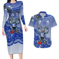 Personalized Kangaroos Football Mascot Couples Matching Long Sleeve Bodycon Dress and Hawaiian Shirt Aboriginal Dot Art Style Vibrant Indigenous Pattern Design
