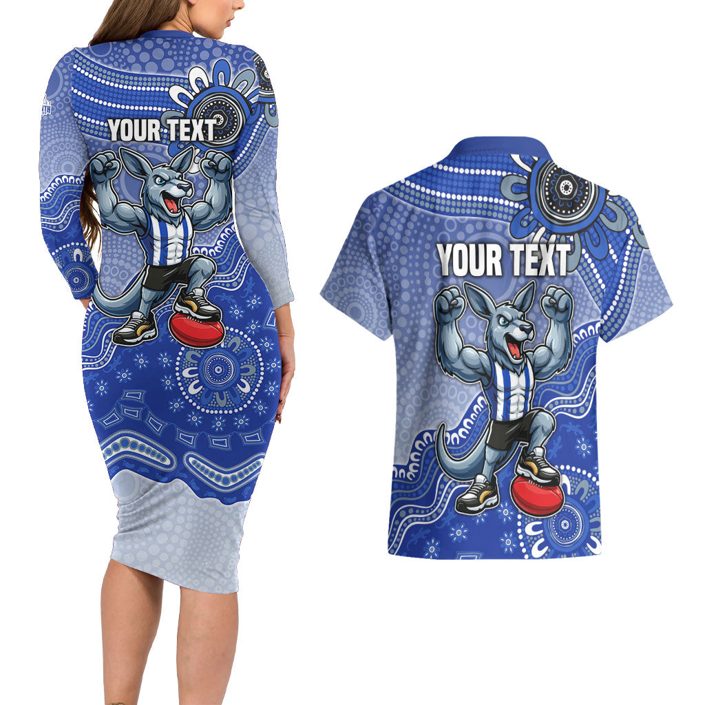Personalized Kangaroos Football Mascot Couples Matching Long Sleeve Bodycon Dress and Hawaiian Shirt Aboriginal Dot Art Style Vibrant Indigenous Pattern Design