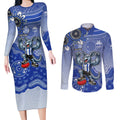 Personalized Kangaroos Football Mascot Couples Matching Long Sleeve Bodycon Dress and Long Sleeve Button Shirt Aboriginal Dot Art Style Vibrant Indigenous Pattern Design