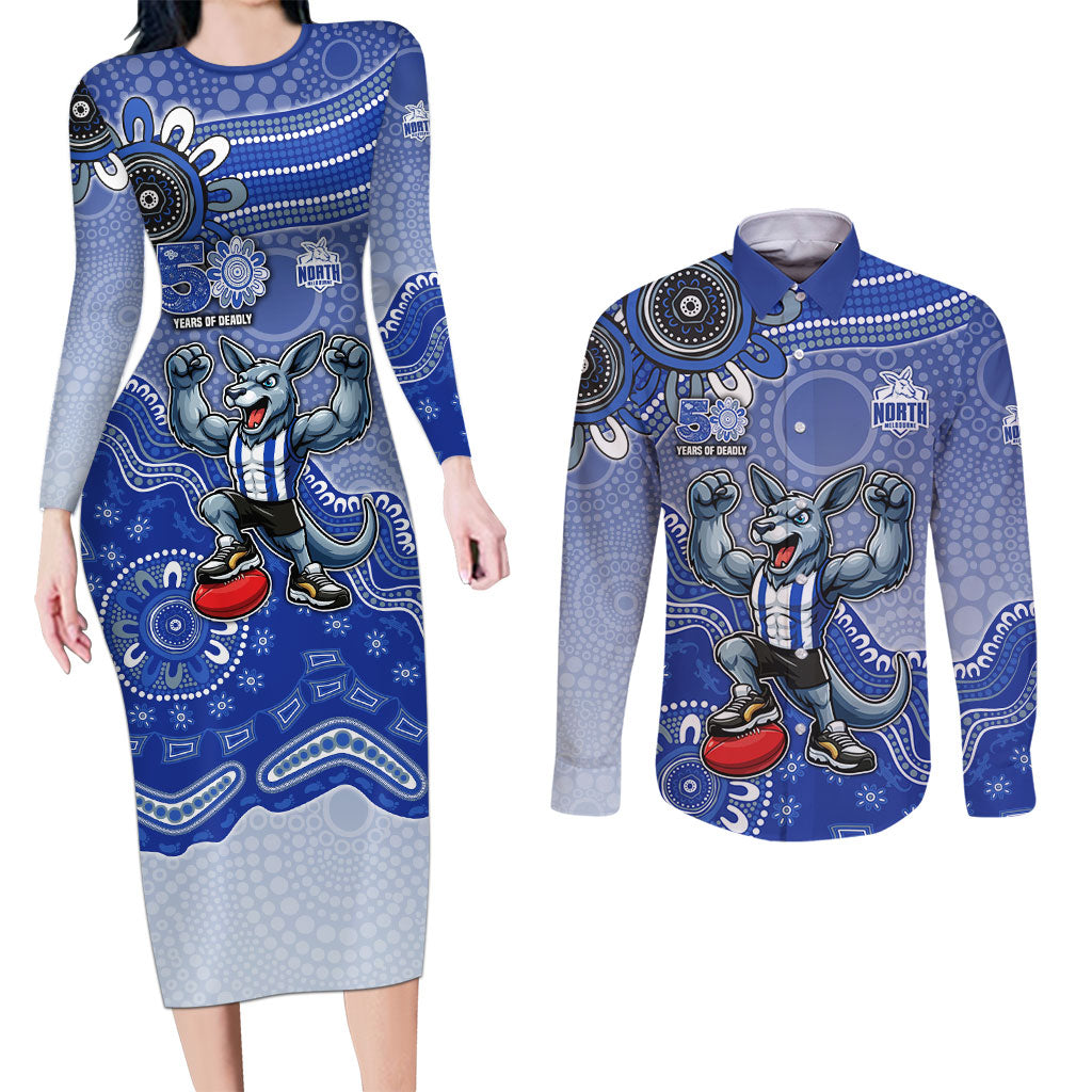 Personalized Kangaroos Football Mascot Couples Matching Long Sleeve Bodycon Dress and Long Sleeve Button Shirt Aboriginal Dot Art Style Vibrant Indigenous Pattern Design