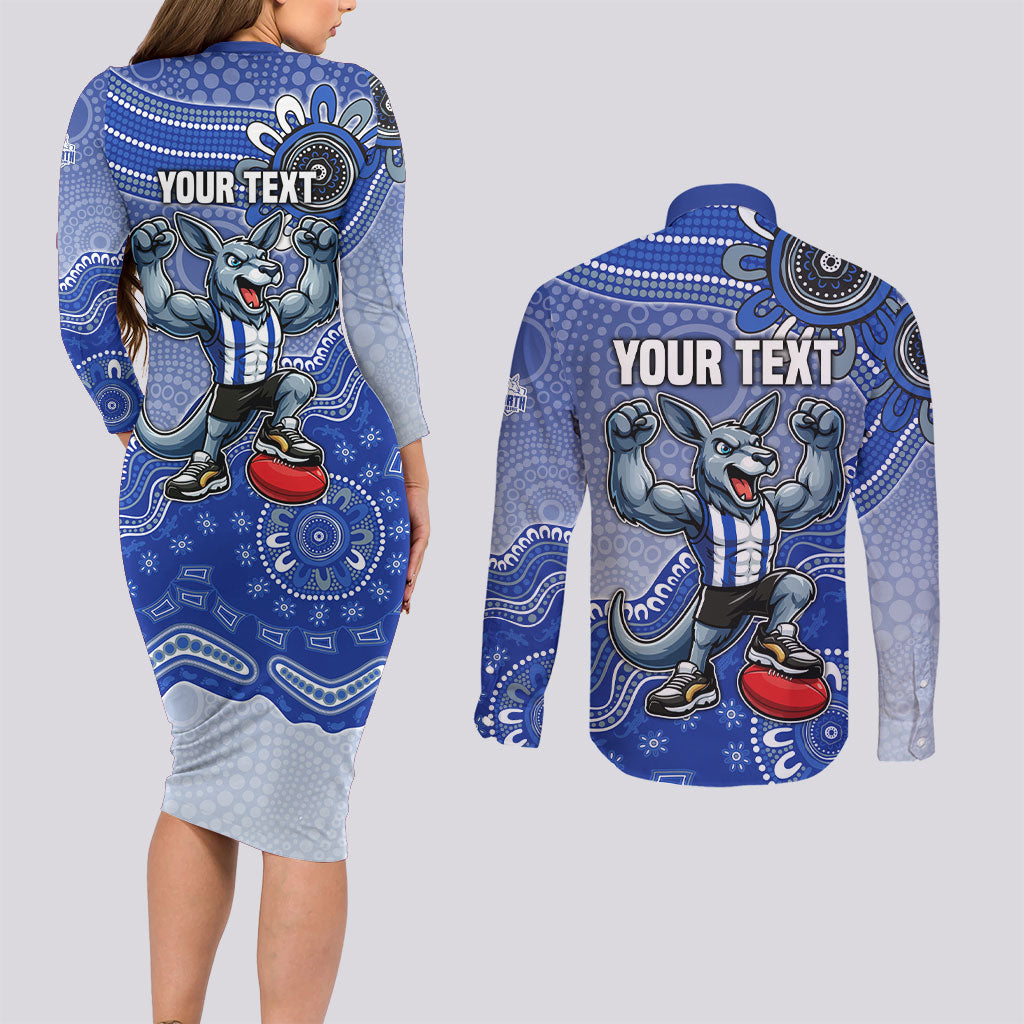 Personalized Kangaroos Football Mascot Couples Matching Long Sleeve Bodycon Dress and Long Sleeve Button Shirt Aboriginal Dot Art Style Vibrant Indigenous Pattern Design
