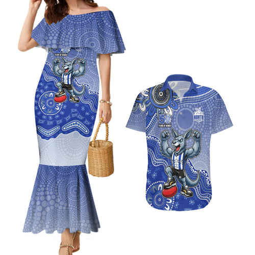Personalized Kangaroos Football Mascot Couples Matching Mermaid Dress and Hawaiian Shirt Aboriginal Dot Art Style Vibrant Indigenous Pattern Design