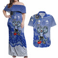 Personalized Kangaroos Football Mascot Couples Matching Off Shoulder Maxi Dress and Hawaiian Shirt Aboriginal Dot Art Style Vibrant Indigenous Pattern Design
