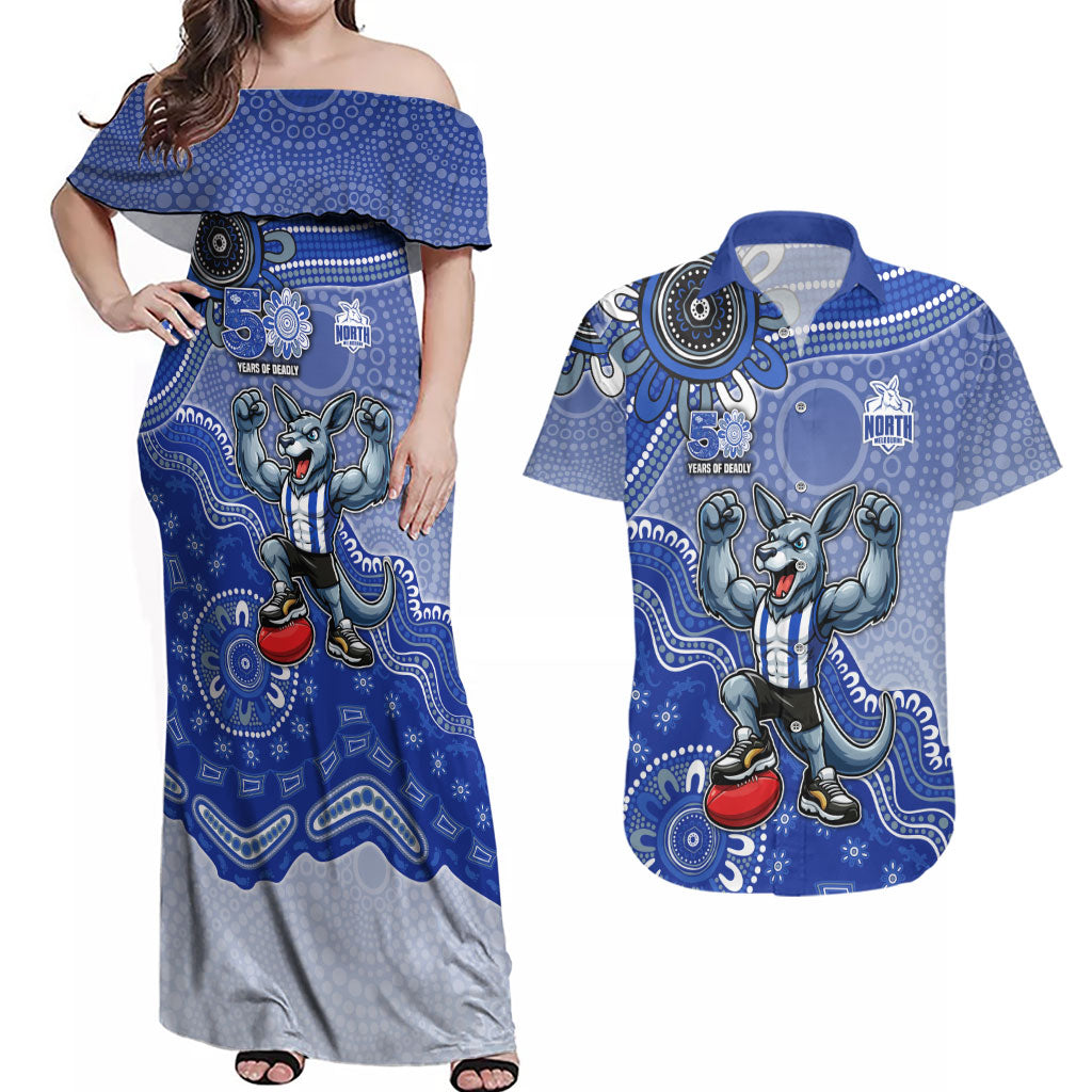 Personalized Kangaroos Football Mascot Couples Matching Off Shoulder Maxi Dress and Hawaiian Shirt Aboriginal Dot Art Style Vibrant Indigenous Pattern Design