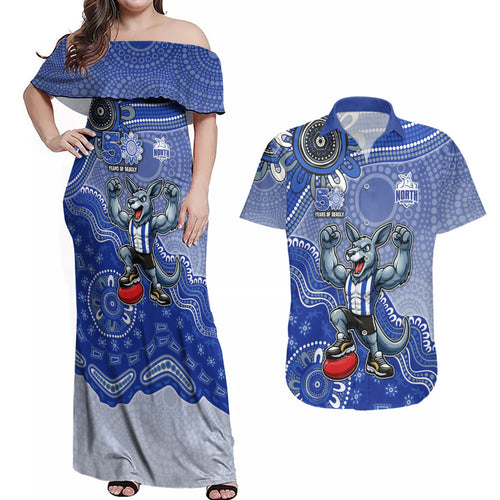 Personalized Kangaroos Football Mascot Couples Matching Off Shoulder Maxi Dress and Hawaiian Shirt Aboriginal Dot Art Style Vibrant Indigenous Pattern Design