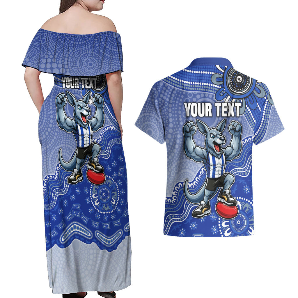 Personalized Kangaroos Football Mascot Couples Matching Off Shoulder Maxi Dress and Hawaiian Shirt Aboriginal Dot Art Style Vibrant Indigenous Pattern Design