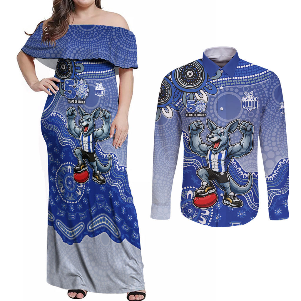Personalized Kangaroos Football Mascot Couples Matching Off Shoulder Maxi Dress and Long Sleeve Button Shirt Aboriginal Dot Art Style Vibrant Indigenous Pattern Design