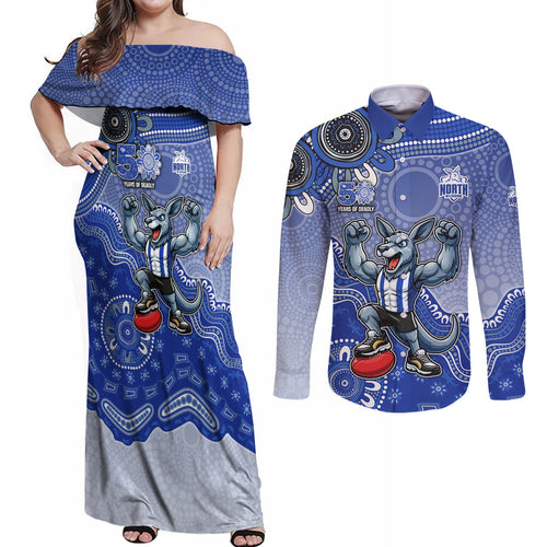 Personalized Kangaroos Football Mascot Couples Matching Off Shoulder Maxi Dress and Long Sleeve Button Shirt Aboriginal Dot Art Style Vibrant Indigenous Pattern Design